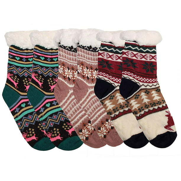 Christmas Holiday Sherpa Fleece Lined Non-Slip Slipper Socks Winter Heavy Warm 